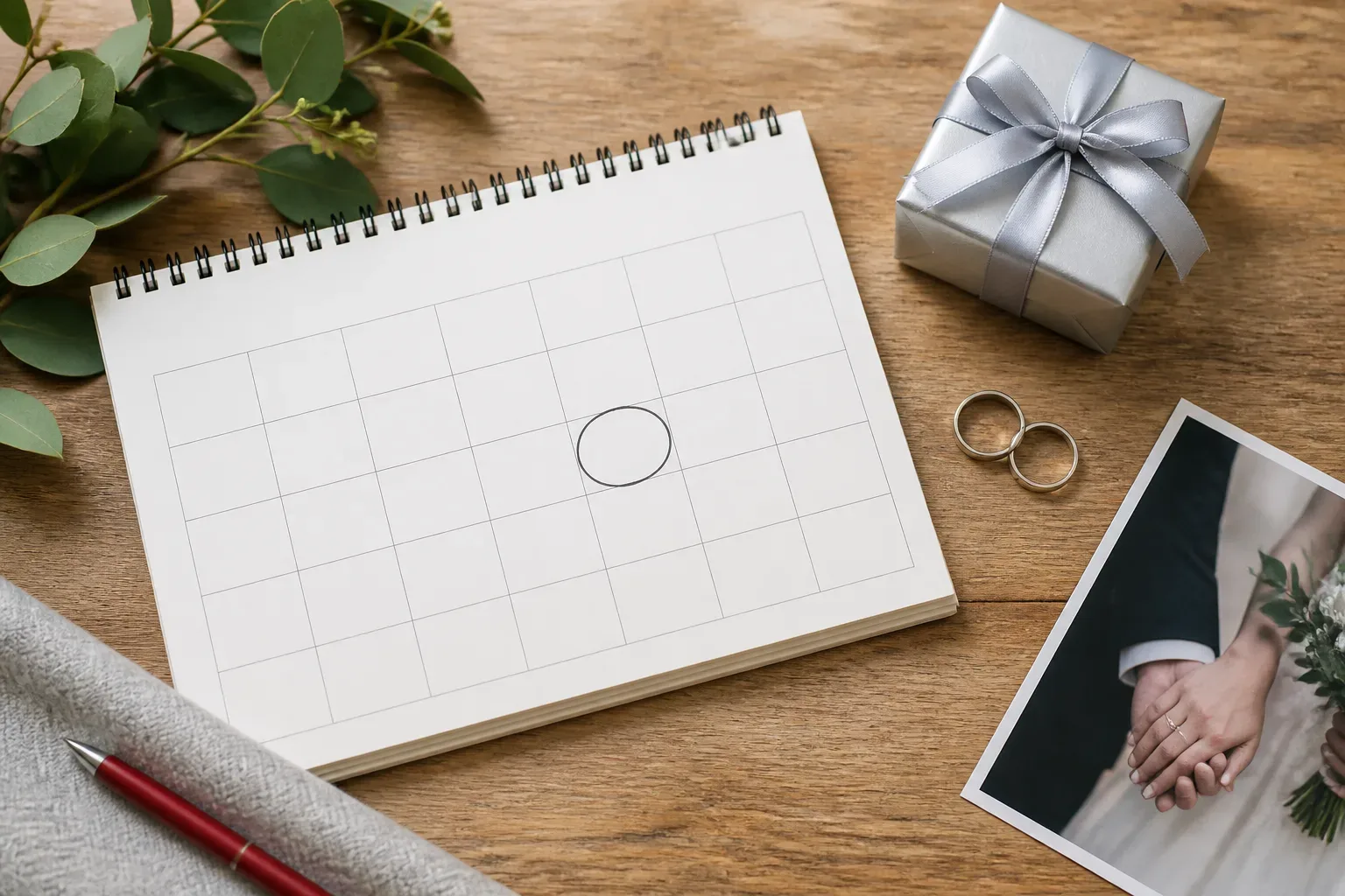 Wedding anniversary planning scene with a calendar, wedding rings, a silver gift, and a wedding photograph