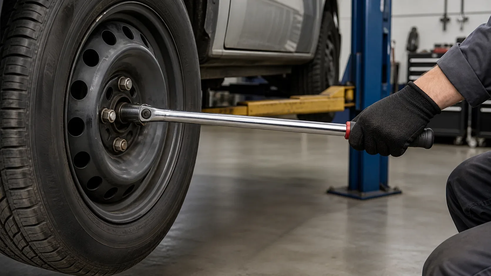Mechanic using a long-handled torque wrench on a vehicle wheel lug in a professional workshop
